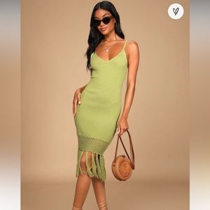 Sunny Festival Light Green Ribbed Knit Fringe Midi Dress